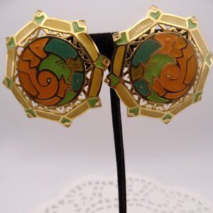 Vintage Berebi Clip on Earrings Geometric Multicolored Enamel Statement